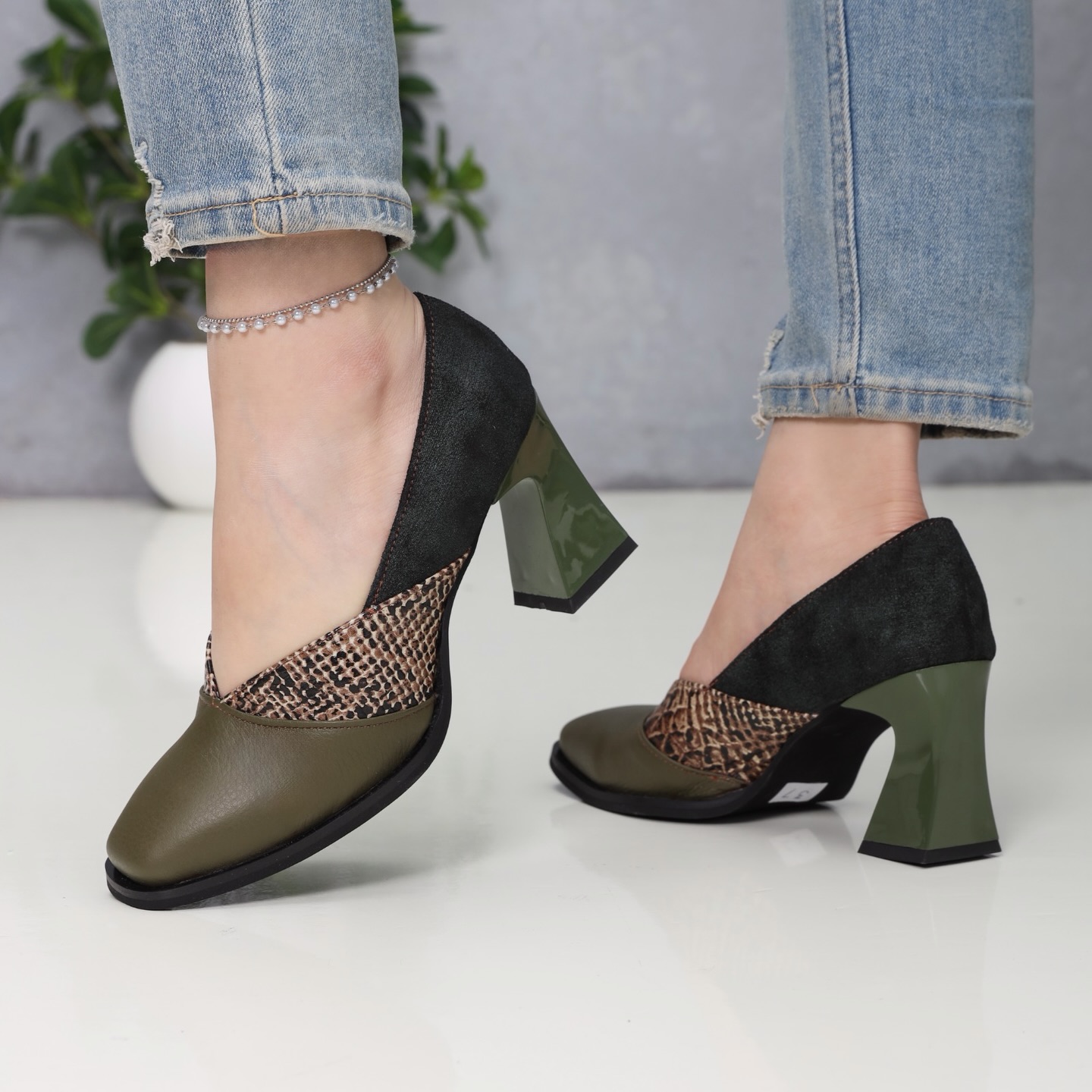 Olive Snake Block Heel